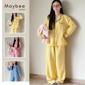 MB-SET-013 Maybee.Homedress Bộ Ngủ Kẻ Sọc Dài Tay Viền Đen – Chất Vải Mềm Mịn, Thanh Lịch, Thoải Mái