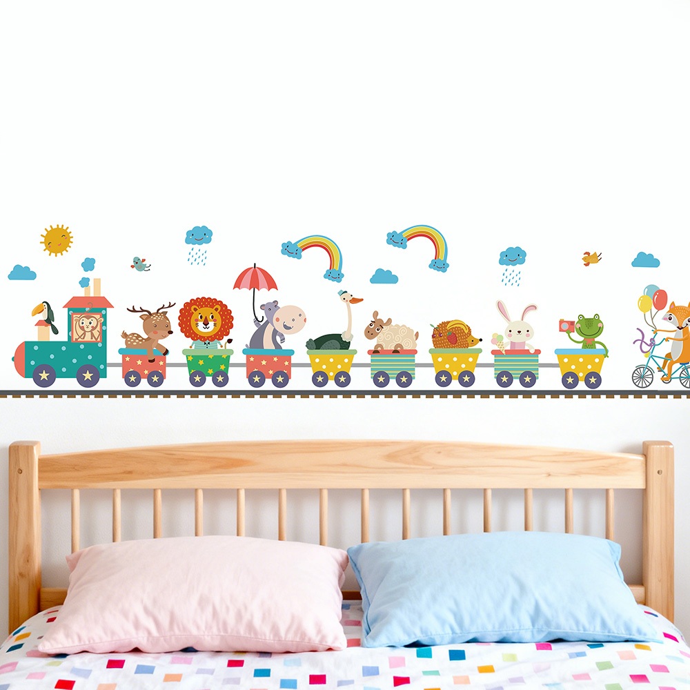 Decal Dán Tường Hình Đoàn Tàu Động Vật Dễ Thương Có Keo Sẵn 131x30cm - Trang Trí Phòng Bé