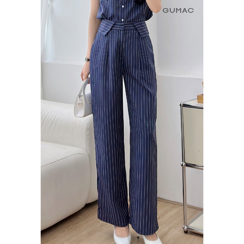 Set Lẻ Áo Sơ Mi Nữ GUMAC Tay Liền Phối Sọc Trẻ Trung LAF0525 - Quần Tây Nữ Suông Lưng Kiểu Thanh Lịch LQF0546