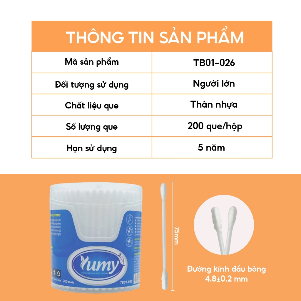 Combo 10 hộp Tăm bông YUMY 200 que tăm bông 2 đầu đa năng, không xơ bông, vệ sinh tai mũi (TB01-026)