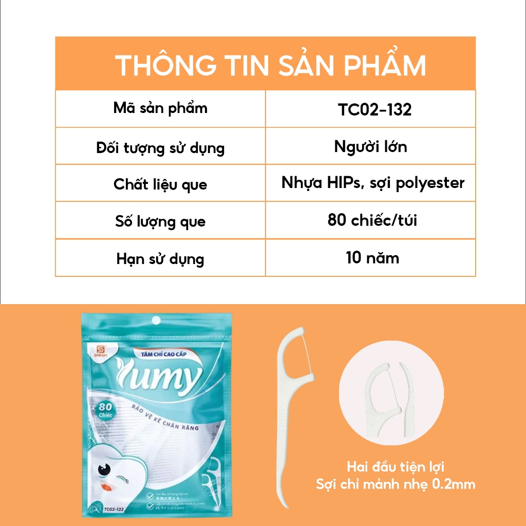Combo 10 túi Tăm chỉ nha khoa YUMY 80 chiếc sợi chỉ mảnh dai làm sạch an toàn bảo vệ nướu (TC02-132)