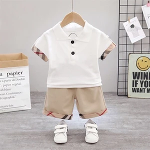 Bộ Cộc Tay Bé Trai Áo Polo Phối Kẻ Tay Quần Short Kaki Phong Cách