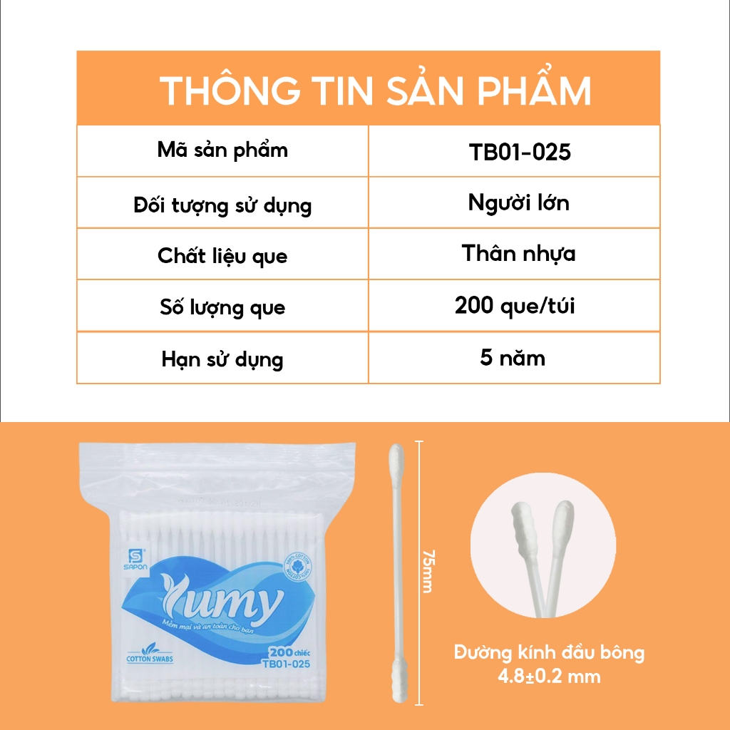 Combo 24 gói Tăm bông YUMY 200 que thân nhựa chính hãng 2 đầu bông mềm an toàn đa dụng (TB01-025)