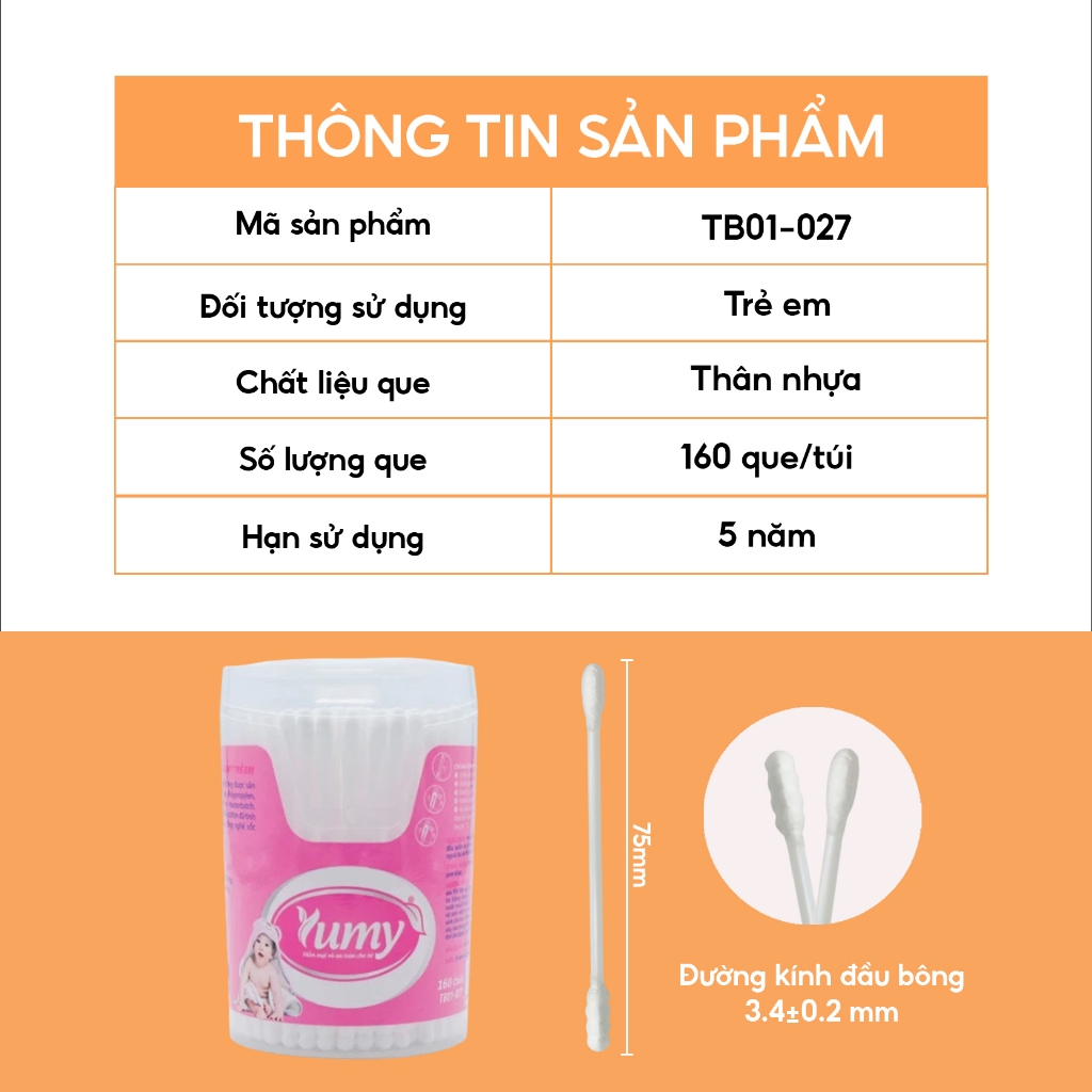 Combo 10 hộp Tăm bông trẻ em YUMY Baby 160 que bông hai đầu mềm mịn, an toàn cho bé (TB01-027)