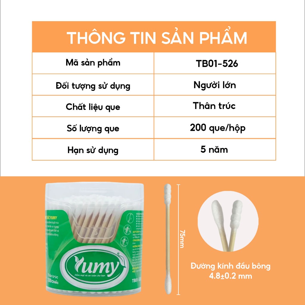 Combo 10 hộp Tăm bông thân trúc YUMY 200 que bông mềm 2 đầu đa năng thân thiện môi trường (TB01-526)