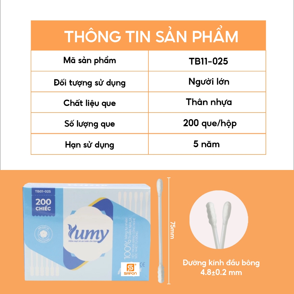Combo 10 hộp Tăm bông thân nhựa YUMY 200 que tăm bông 2 đầu tròn - xoắn đa năng hộp giấy (TB11_025)