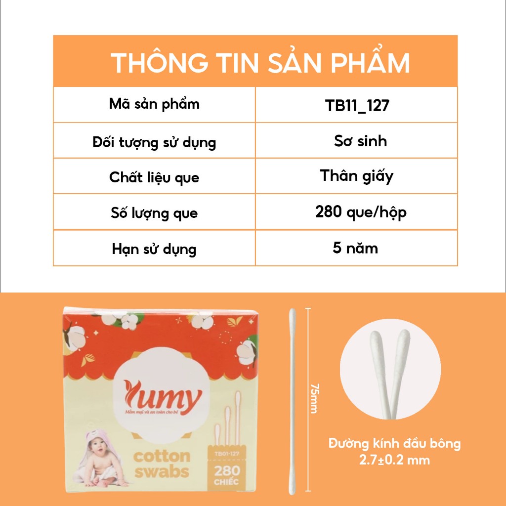 Combo 10 hộp Tăm bông cho trẻ sơ sinh YUMY đầu bông siêu nhỏ, 280 chiếc thân giấy an toàn (TB11_127)