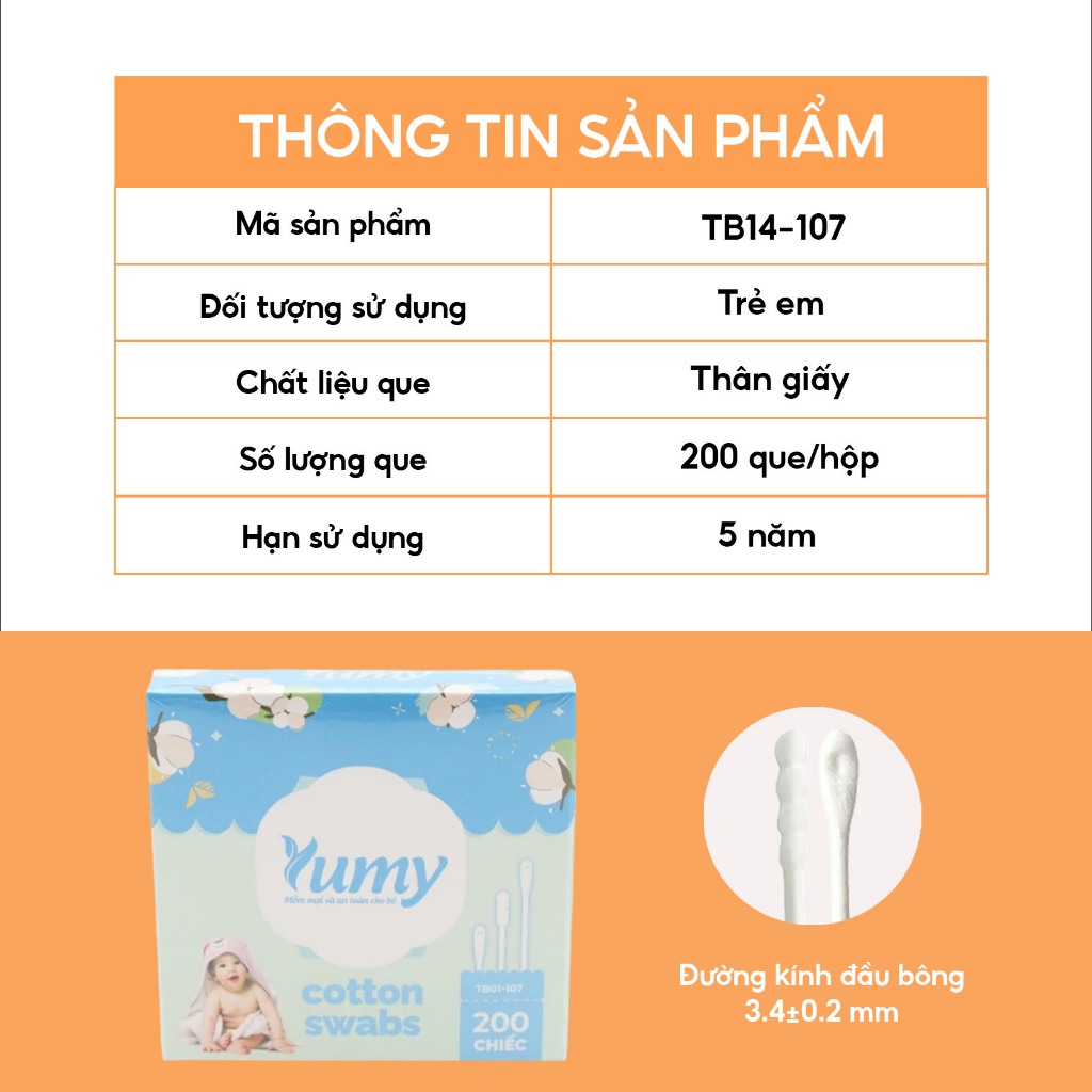 Combo 10 hộp Tăm bông trẻ em YUMY đầu dẹt lõm 200 chiếc/hộp thân giấy tiện lợi an toàn (TB14_107)