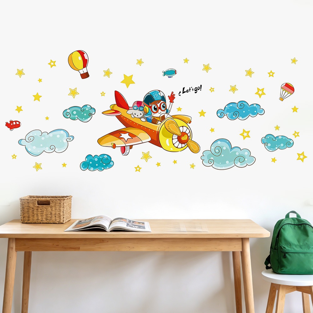 Decal Dán Tường Bé Lái Máy Bay Có Keo Sẵn 187x76cm - Trang Trí Phòng Ngủ Góc Học Tập