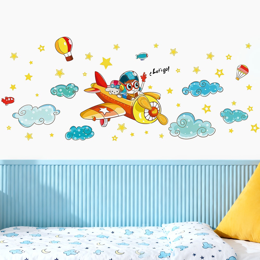 Decal Dán Tường Bé Lái Máy Bay Có Keo Sẵn 187x76cm - Trang Trí Phòng Ngủ Góc Học Tập