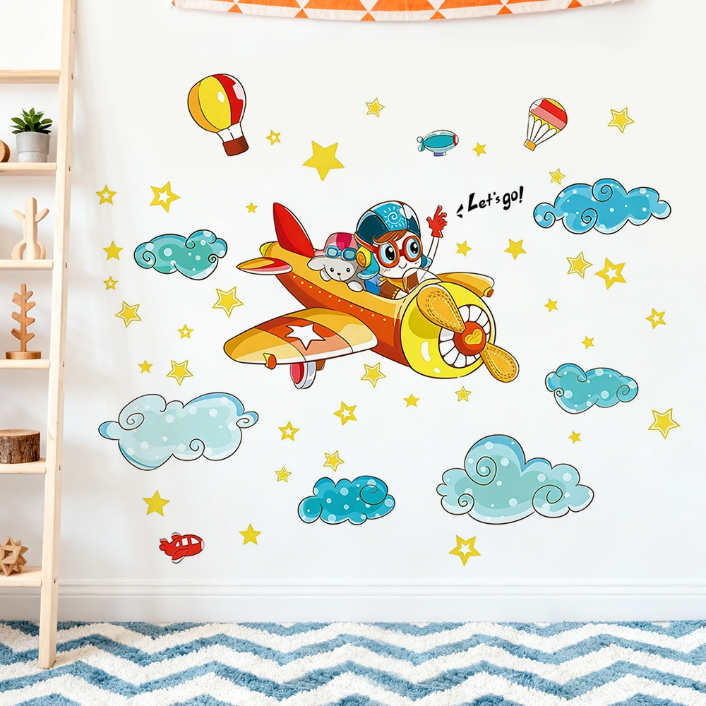 Decal Dán Tường Bé Lái Máy Bay Có Keo Sẵn 187x76cm - Trang Trí Phòng Ngủ Góc Học Tập