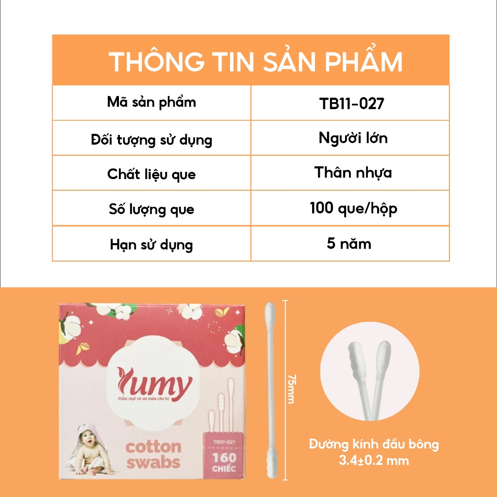 Combo 10 hộp Tăm bông trẻ em YUMY 160 chiếc an toàn cho bé, tăm thân nhựa 2 đầu tròn-xoắn (TB11_027)