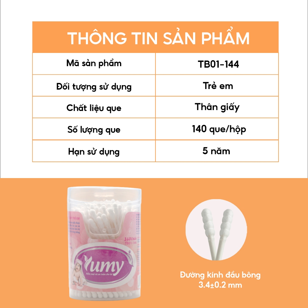 Combo 10 hộp Tăm bông trẻ em YUMY 140 que thân giấy 2 đầu xoắn vệ sinh an toàn cho trẻ (TB01-144)