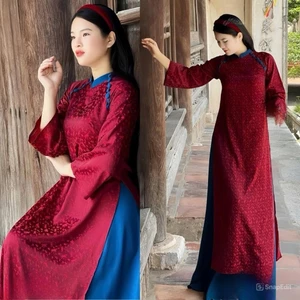 Set Áo Dài Lụa Gấm Sang Trọng Cổ Cao Truyền Thống, Dáng Suông Hiện Đại Cách tân Đi chụp ảnh đi chơi Tết T1529G