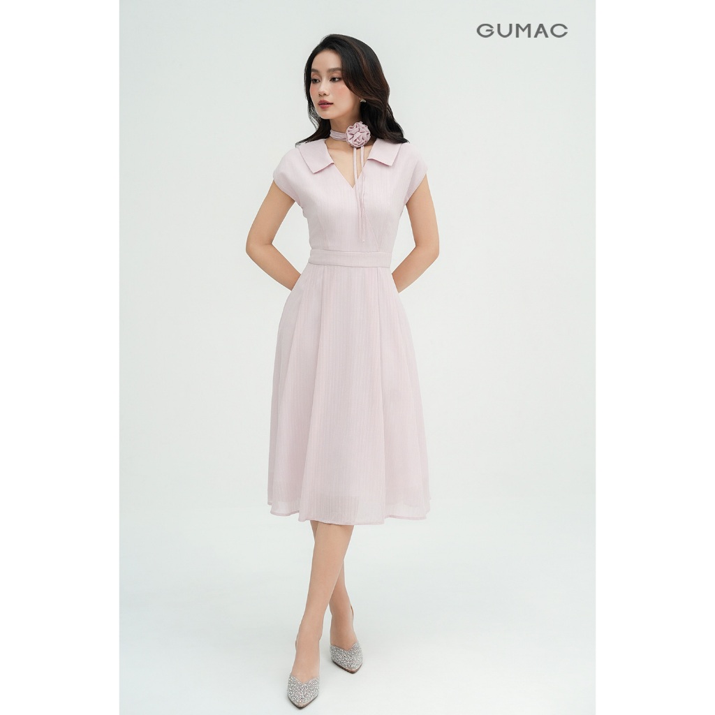Đầm Nữ Dáng A Xòe GUMAC Đắp Chéo Kèm Dây Chất Voan Gân Thêu Rũ Nhẹ Nhàng DE05047