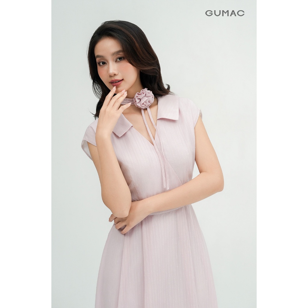 Đầm Nữ Dáng A Xòe GUMAC Đắp Chéo Kèm Dây Chất Voan Gân Thêu Rũ Nhẹ Nhàng DE05047
