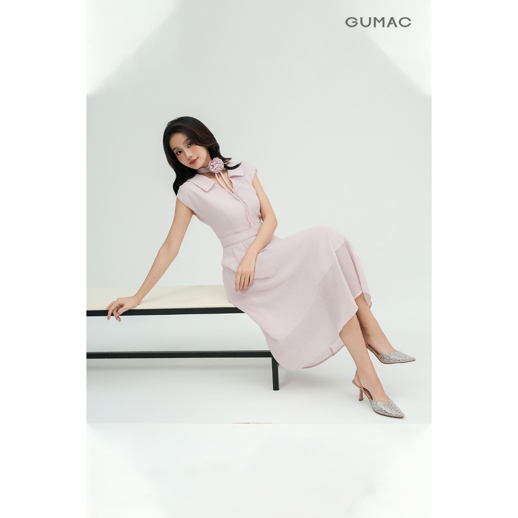 Đầm Nữ Dáng A Xòe GUMAC Đắp Chéo Kèm Dây Chất Voan Gân Thêu Rũ Nhẹ Nhàng DE05047