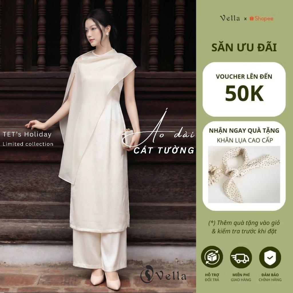VELLA Áo Dài Lụa Cách Tân Màu KEM / ĐỎ choàng Khăn Voan mặc Tết Áo Dài Cát Tường VAD25104