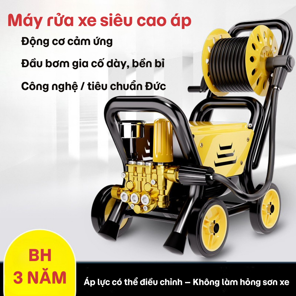 Máy Rửa Xe Cao Áp Động Cơ Cảm Ứng Điều Chỉnh Áp Suất Rửa Sạch Mạnh, Không Hại Sơn, Dùng Gia Đình & Công Trình BH 3 Năm