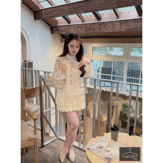 Áo sơ mi ren hoa dài tay cúc ngọc kèm tag nơ dài #85053
