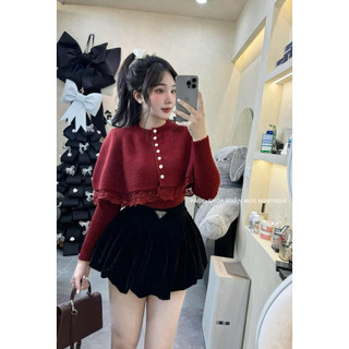 Sét len khoác len viền ren khuy ngọc kèm áo len dài tay hót QC