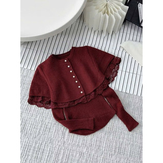Sét len khoác len viền ren khuy ngọc kèm áo len dài tay hót QC