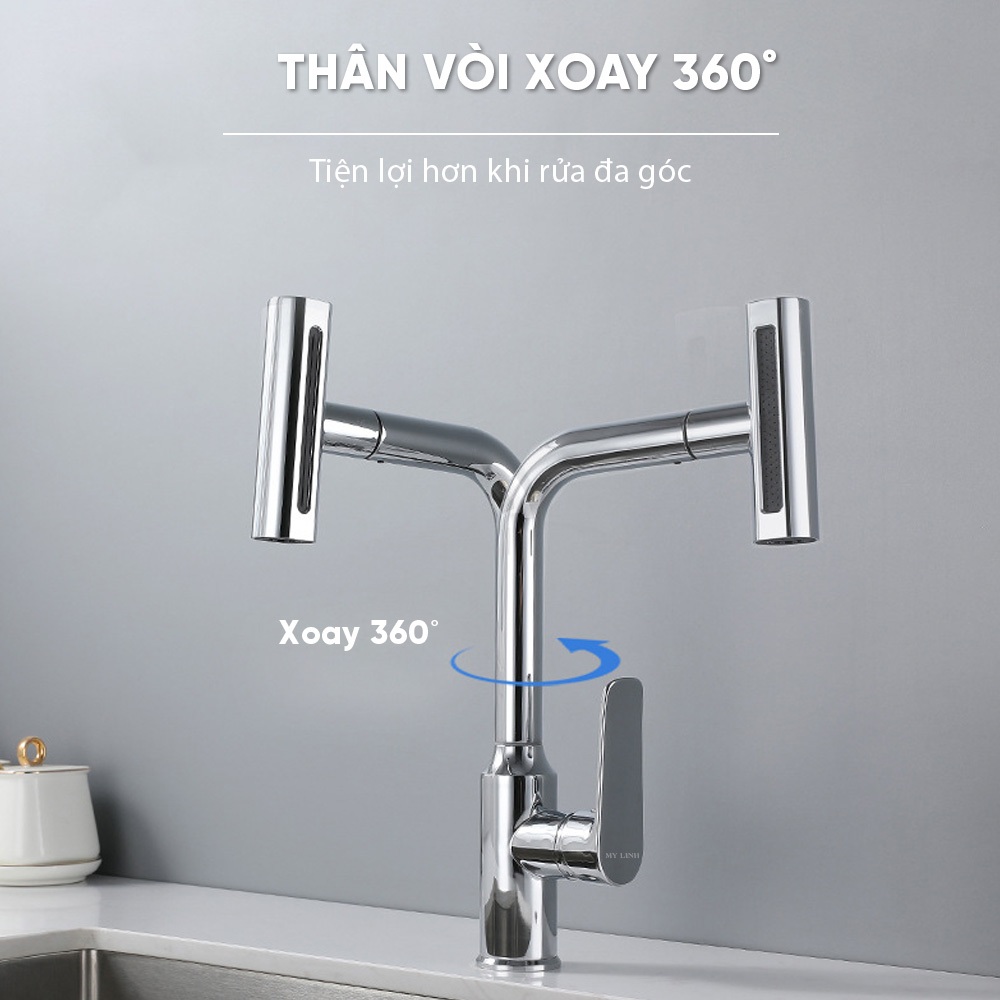 Vòi rửa chén inox thác nước xoay chiều, vòi nước rửa bát nóng lạnh thép không gỉ cao cấp, LTS-001