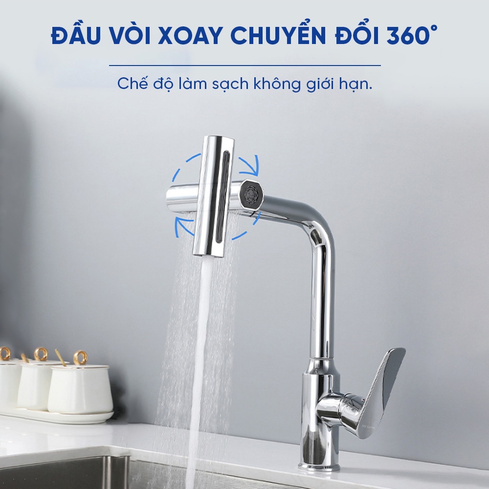 Vòi rửa chén inox thác nước xoay chiều, vòi nước rửa bát nóng lạnh thép không gỉ cao cấp, LTS-001