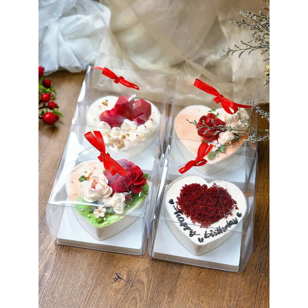 Combo 10 Hộp Mica Trái Tim Có Quai Xách Đựng Bánh Kem, Bánh Mousse, Tiramisu, Panna Cotta 390ml