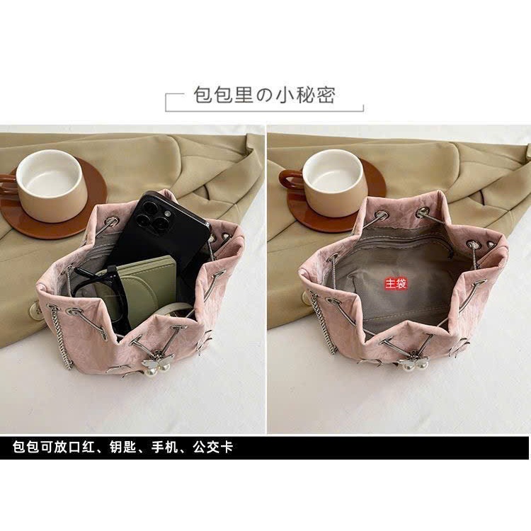 Túi Xách Nữ Dáng Bucket Đính Bướm Sang Trọng, Túi Rút Dây Xích Phối Ngọc Trai, Túi Đeo Chéo Thời Trang