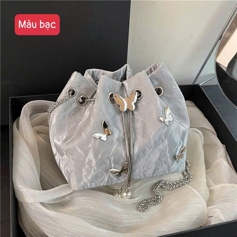 Túi Xách Nữ Dáng Bucket Đính Bướm Sang Trọng, Túi Rút Dây Xích Phối Ngọc Trai, Túi Đeo Chéo Thời Trang