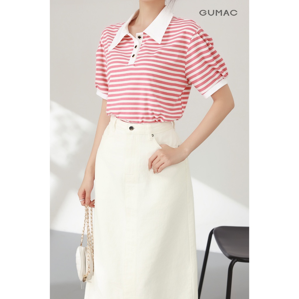 Áo Polo Nữ Tay Ngắn GUMAC Form Suông Kẻ Sọc Phối Vải Nẹp Bo Tay Trẻ Trung PLE11036