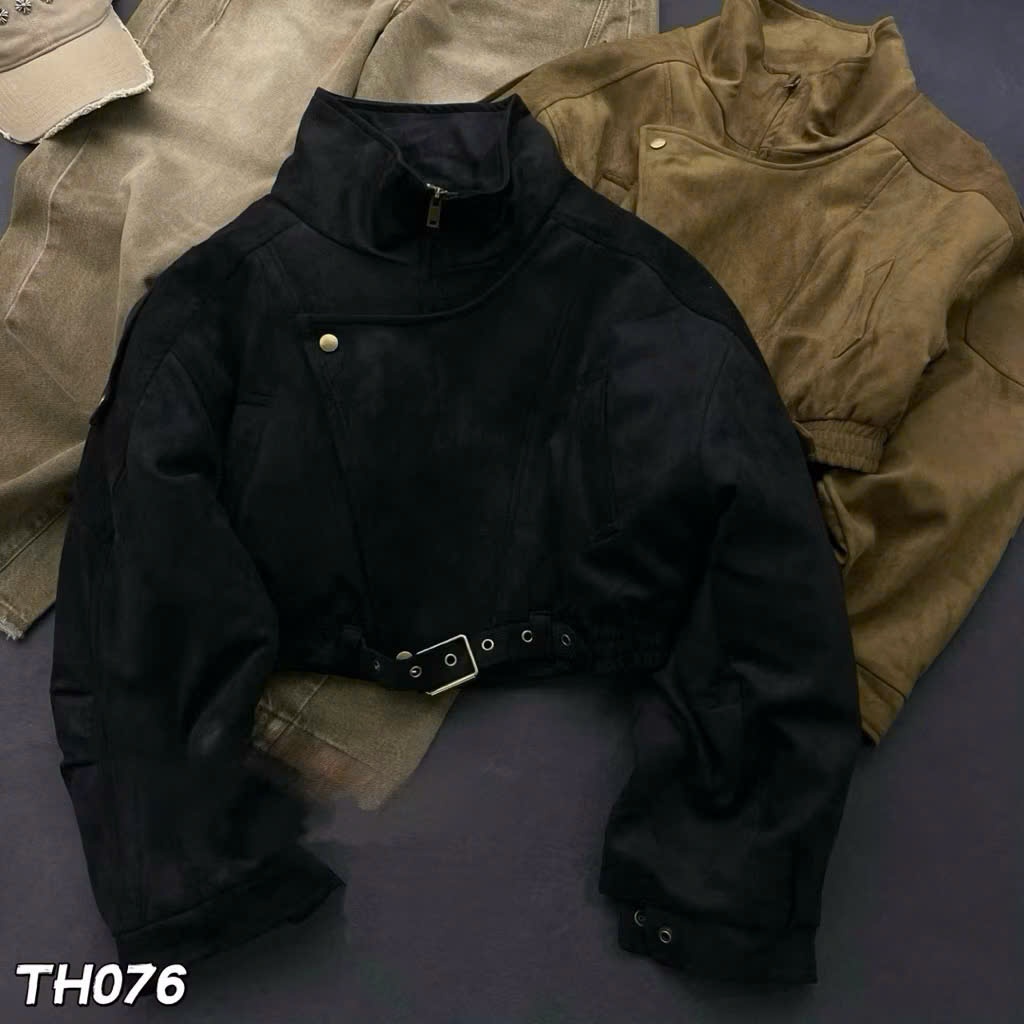 Áo Khoác Da Lộn Nữ Dáng Ngắn Cổ Cao, Áo Biker Croptop Form Rộng Cá Tính Phong Cách Hàn Quốc - CHAMIE STUDIO
