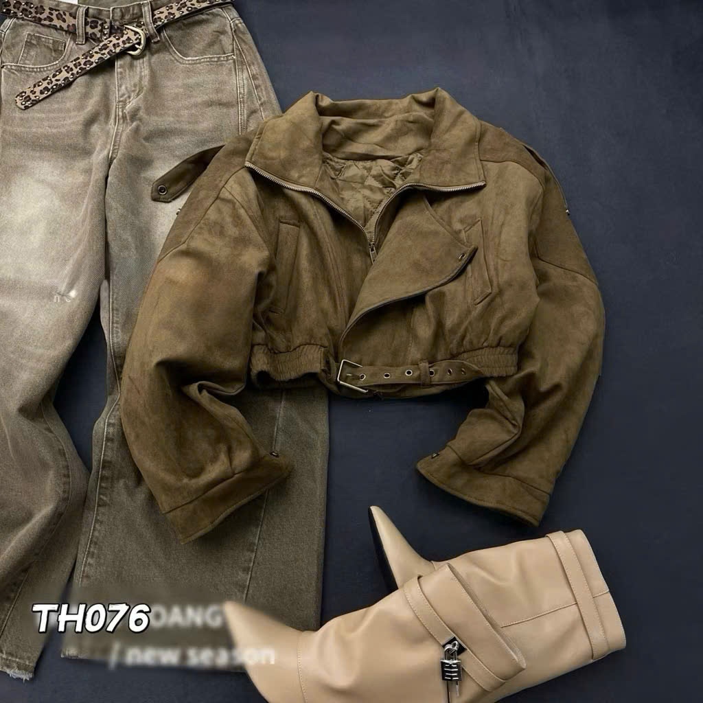 Áo Khoác Da Lộn Nữ Dáng Ngắn Cổ Cao, Áo Biker Croptop Form Rộng Cá Tính Phong Cách Hàn Quốc - CHAMIE STUDIO
