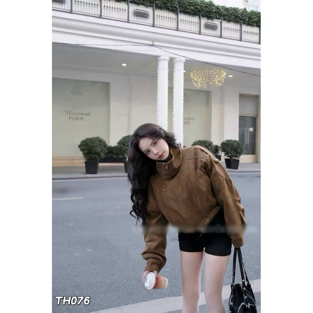 Áo Khoác Da Lộn Nữ Dáng Ngắn Cổ Cao, Áo Biker Croptop Form Rộng Cá Tính Phong Cách Hàn Quốc - CHAMIE STUDIO