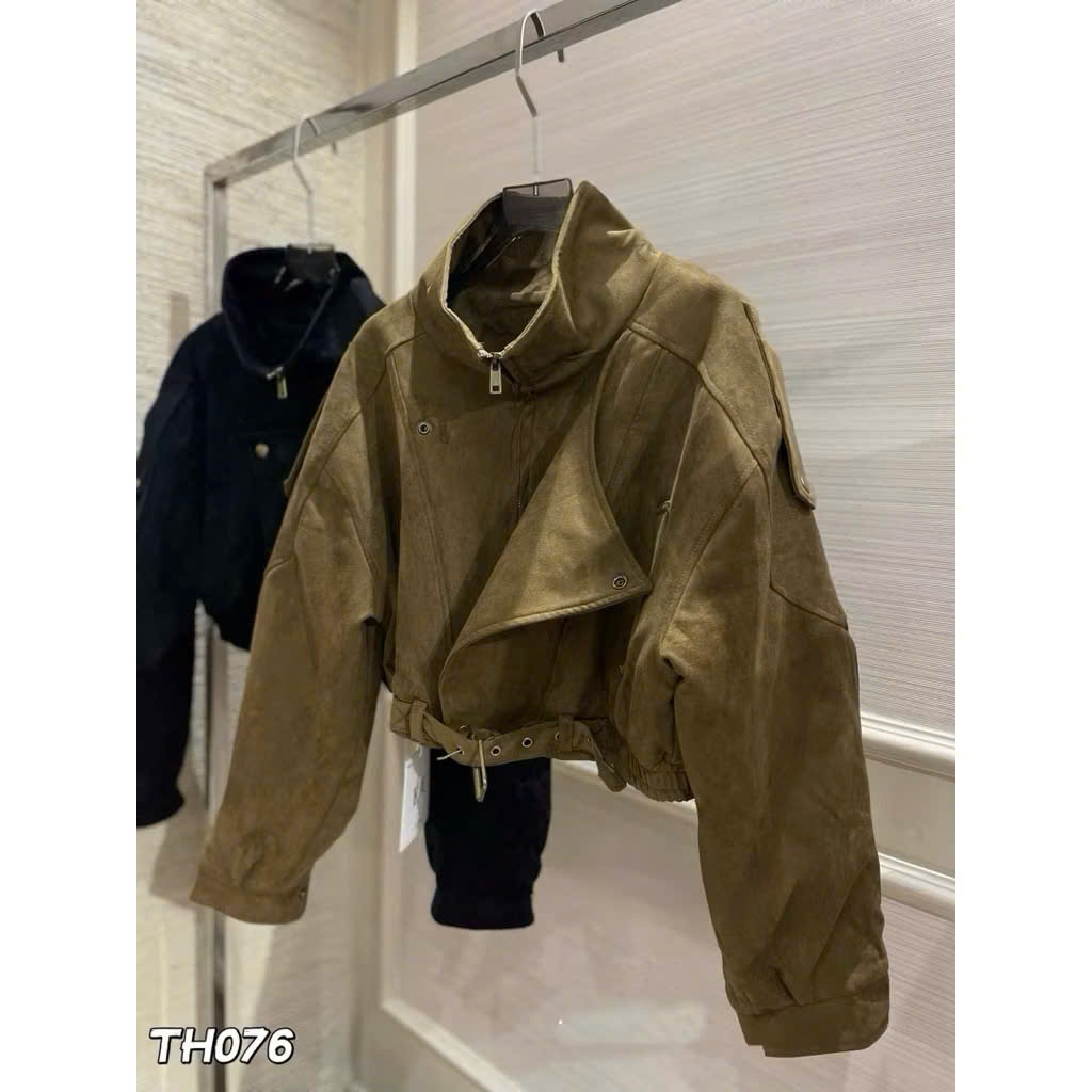 Áo Khoác Da Lộn Nữ Dáng Ngắn Cổ Cao, Áo Biker Croptop Form Rộng Cá Tính Phong Cách Hàn Quốc - CHAMIE STUDIO