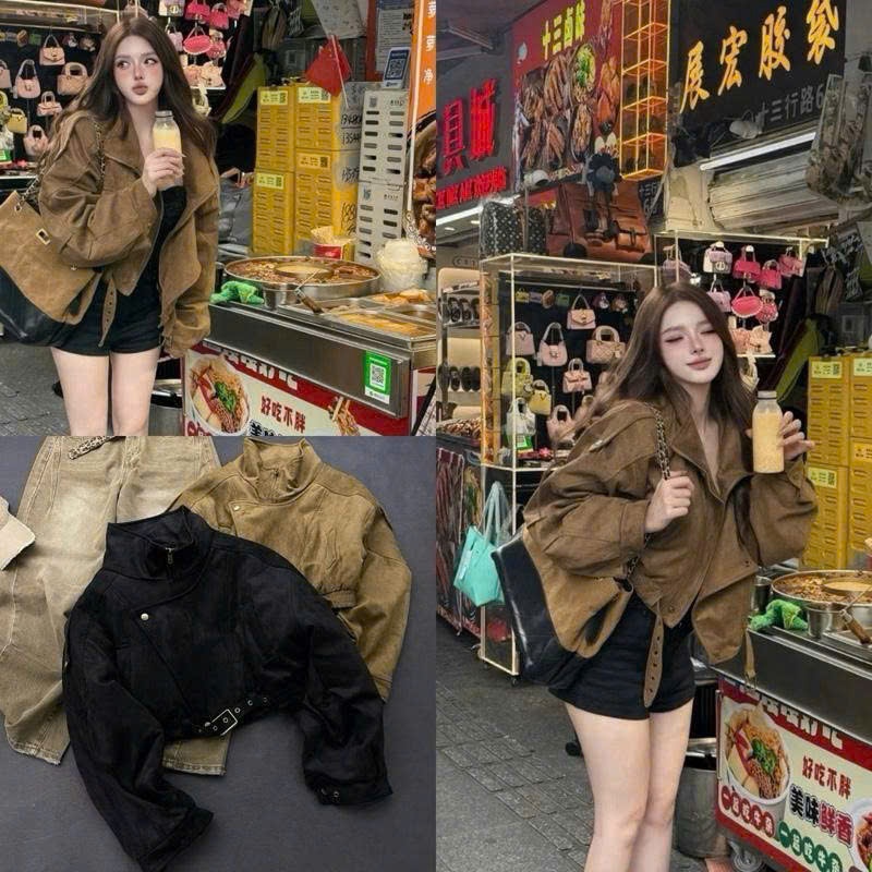 Áo Khoác Da Lộn Nữ Dáng Ngắn Cổ Cao, Áo Biker Croptop Form Rộng Cá Tính Phong Cách Hàn Quốc - CHAMIE STUDIO