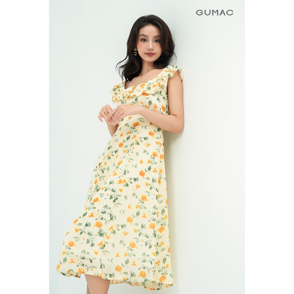 Đầm Nữ Dáng A Xòe GUMAC Viền Bèo Chất Voan Chiffon Mềm Trẻ Trung DE05034