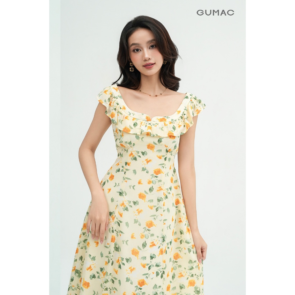 Đầm Nữ Dáng A Xòe GUMAC Viền Bèo Chất Voan Chiffon Mềm Trẻ Trung DE05034