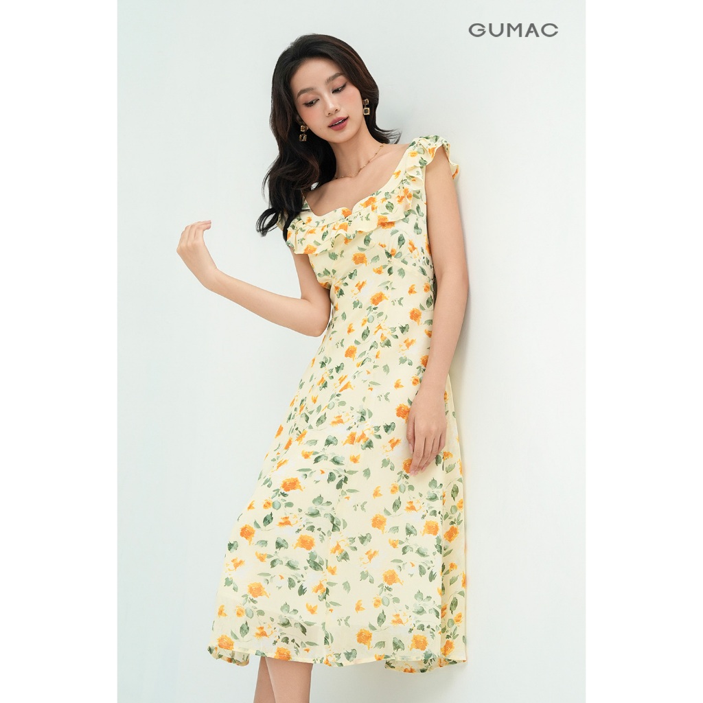 Đầm Nữ Dáng A Xòe GUMAC Viền Bèo Chất Voan Chiffon Mềm Trẻ Trung DE05034