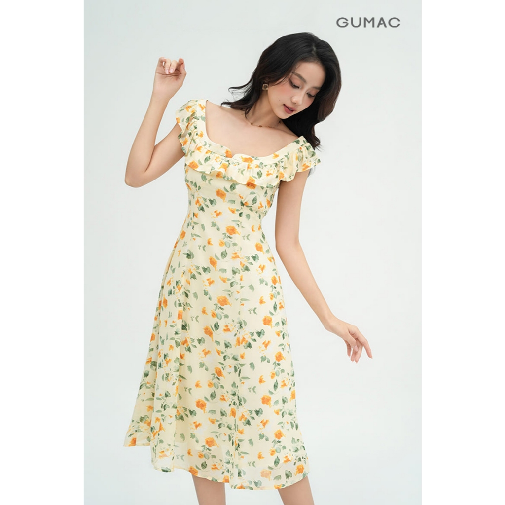 Đầm Nữ Dáng A Xòe GUMAC Viền Bèo Chất Voan Chiffon Mềm Trẻ Trung DE05034