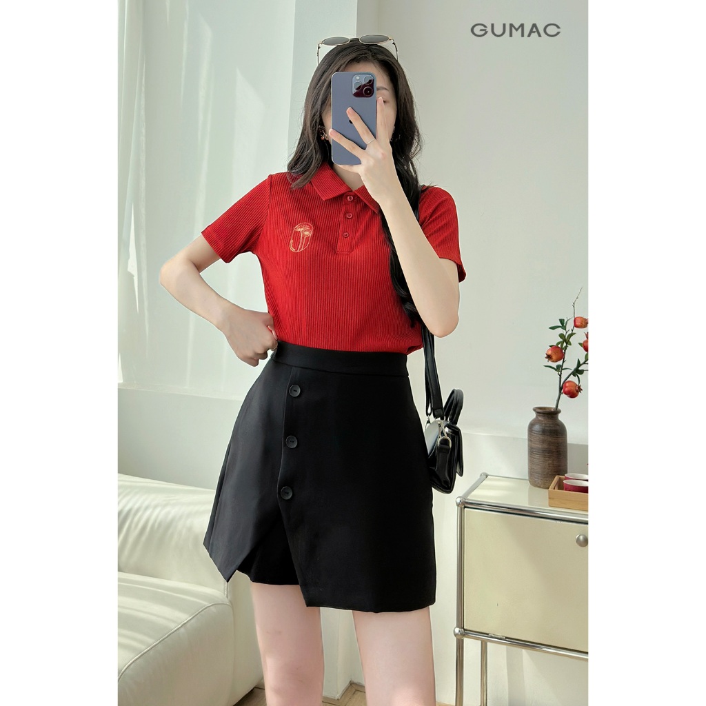 Áo Thun Polo Nữ GUMAC Form Suông Tay Ngắn  Thiết Kế Thêu Hoa Cúc Thanh Lịch PLE12013