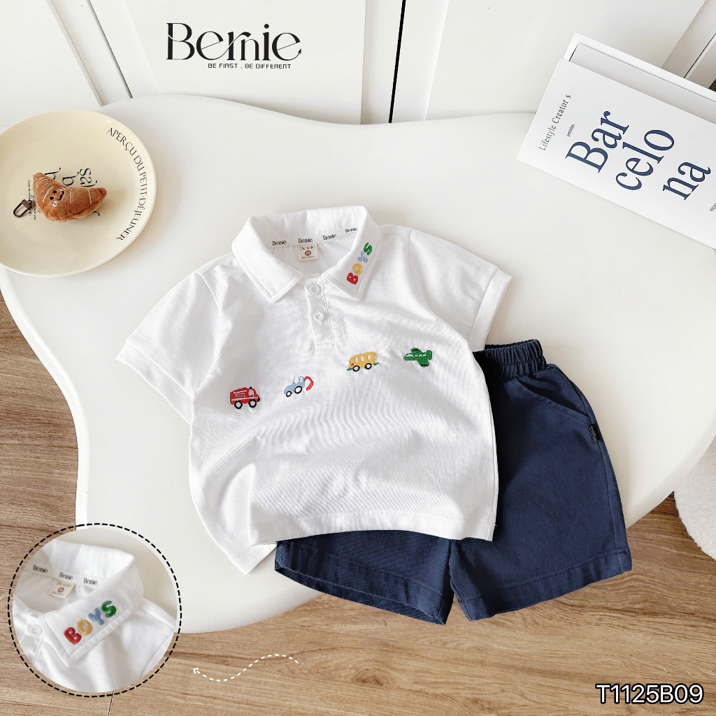 Bộ polo xe sắc màu áo cotton quần kaki mềm bé trai, bộ polo cộc tay thêu cá tính T1125b09