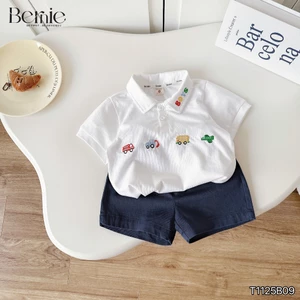 Bộ polo xe sắc màu áo cotton quần kaki mềm bé trai, bộ polo cộc tay thêu cá tính T1125b09