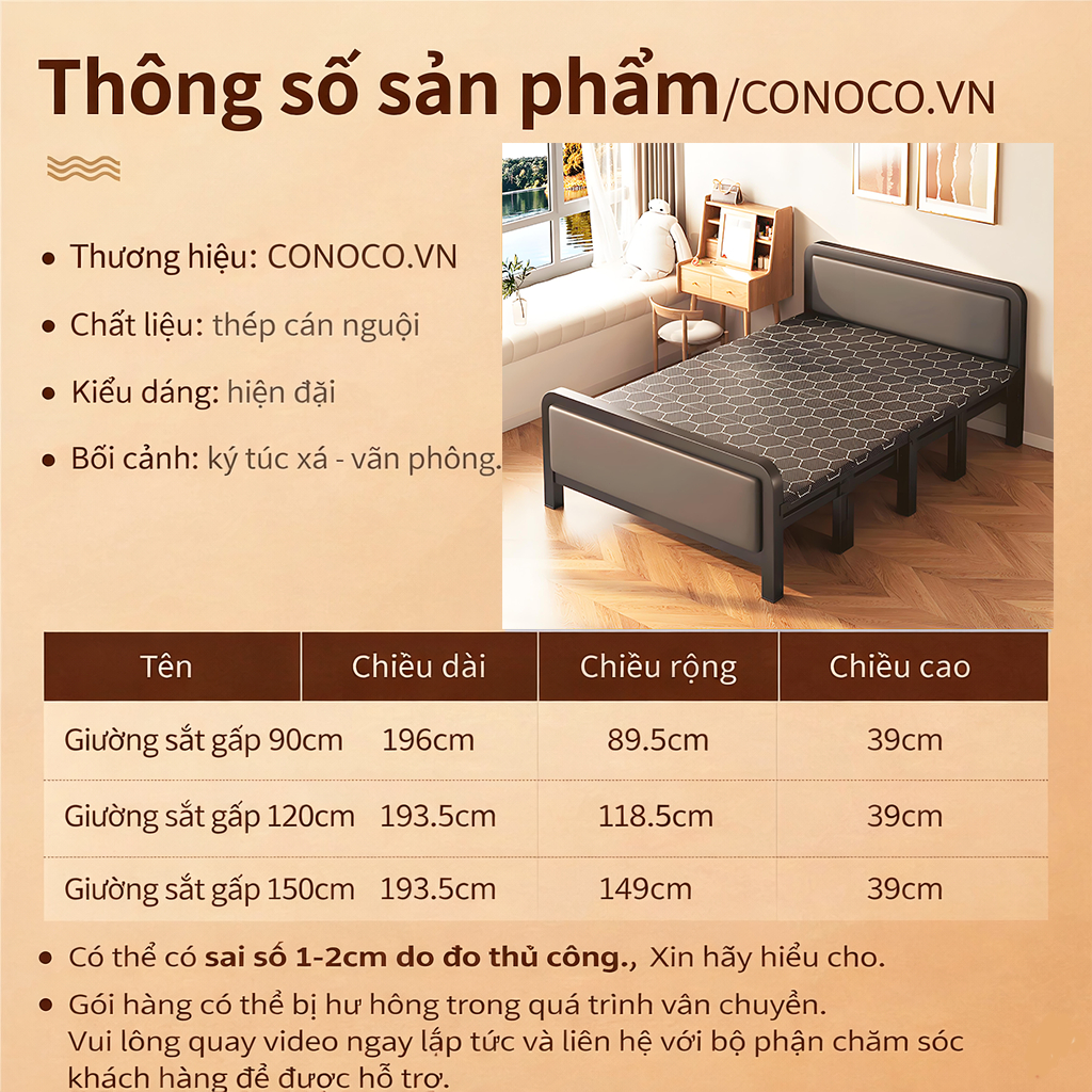 CONOCO Giường gấp gọn thông minh khung sắt có nệm Tổng Kho chịu lực 300kg cho nhà nhỏ