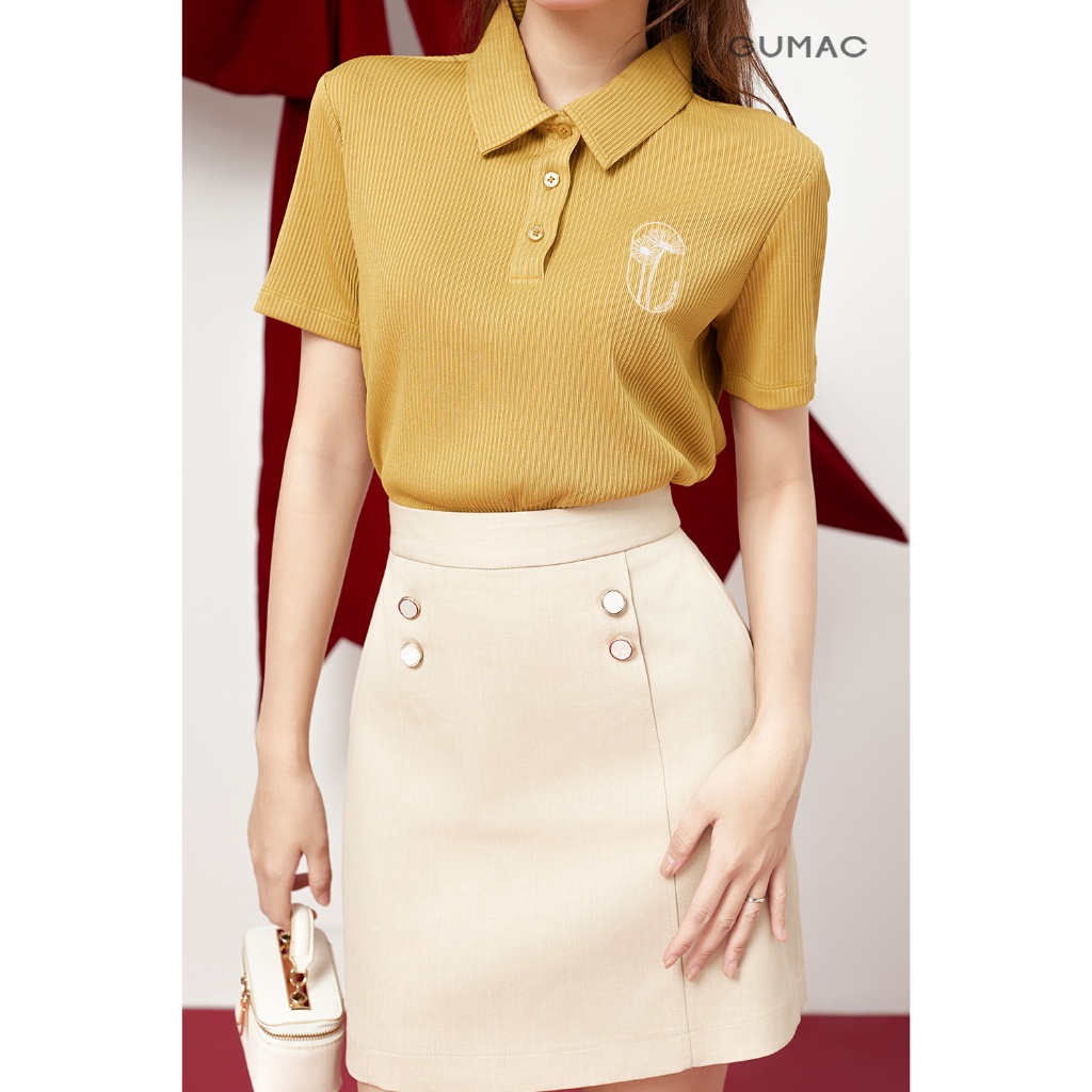 Áo Thun Polo Nữ GUMAC Form Suông Tay Ngắn  Thiết Kế Thêu Hoa Cúc Thanh Lịch PLE12013
