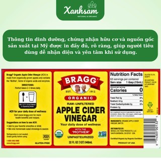 Giấm Táo Hữu Cơ Bragg 473ml/946ml - Xanhsam Natural & Organic