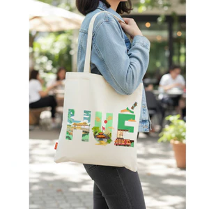 Túi tote có khóa kéo in chữ HUẾ - túi vải canvas làm quà tặng đặc trưng Huế- VIỆT NAM đi chơi du lịch 30x45cm tota06i