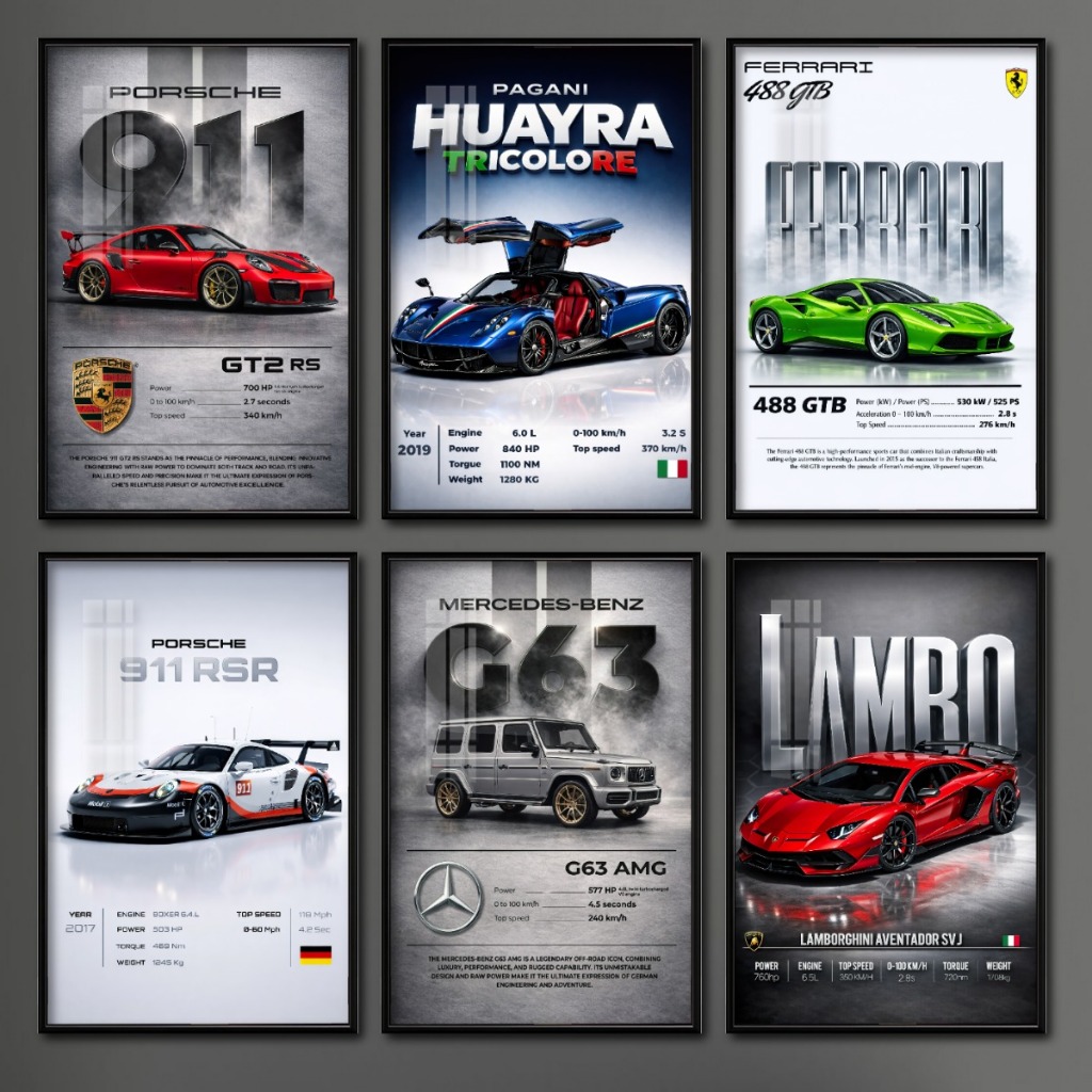 Tranh Poster Siêu Xe Phong Cách 3D Tráng Gương Có Khung - Decor Phòng Khách, Phòng Game Cao Cấp