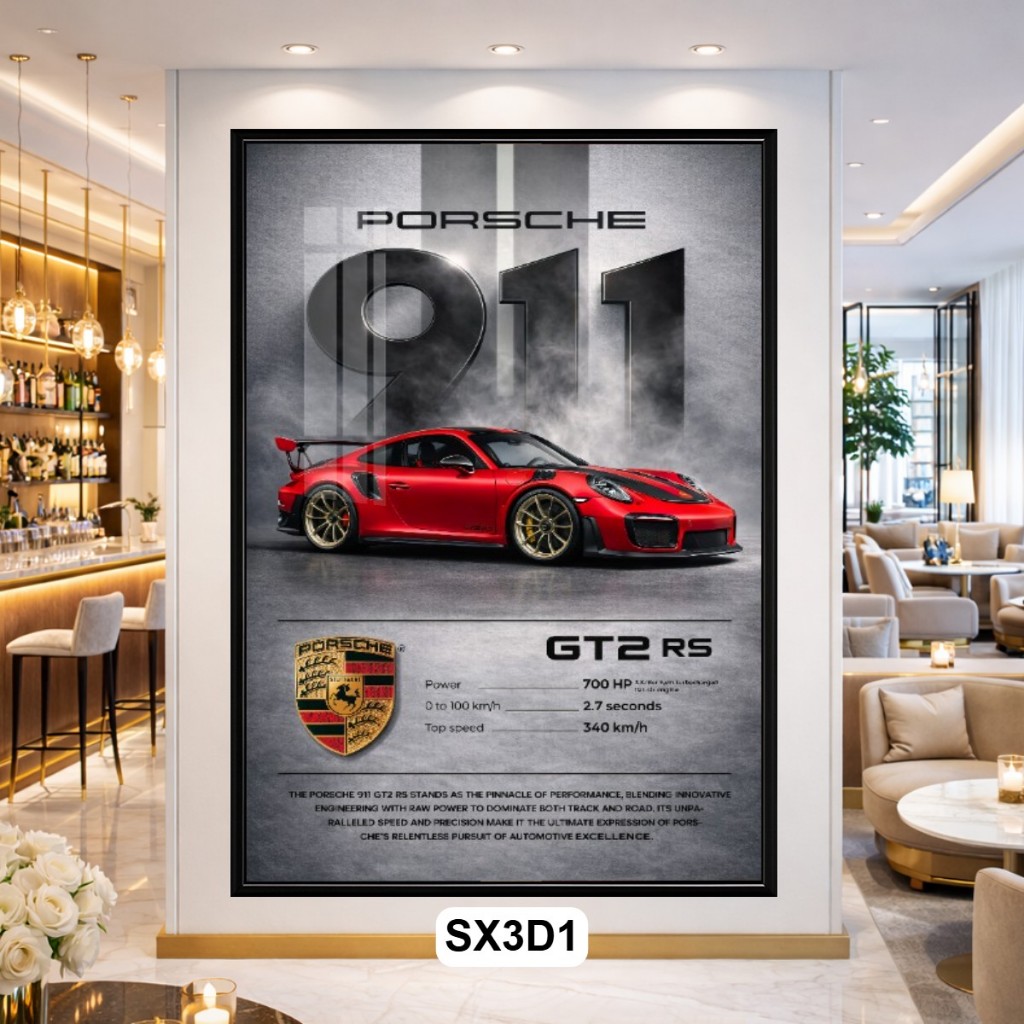 Tranh Poster Siêu Xe Phong Cách 3D Tráng Gương Có Khung - Decor Phòng Khách, Phòng Game Cao Cấp
